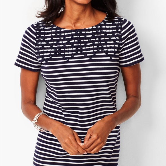 Talbots NEW Embroidered Dress Navy Large Floral Stripe Coastal Office Casual - Picture 11 of 12